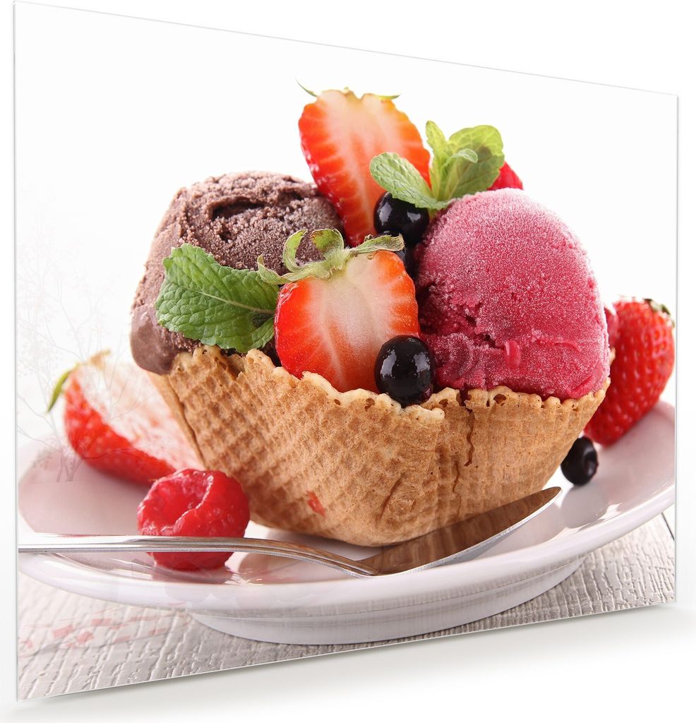 Glasbild Wandbild Eis in Waffel mit Früchten 75x60cm in XXL für Wohnzimmer, Schlafzimmer, Badezimmer, Flur