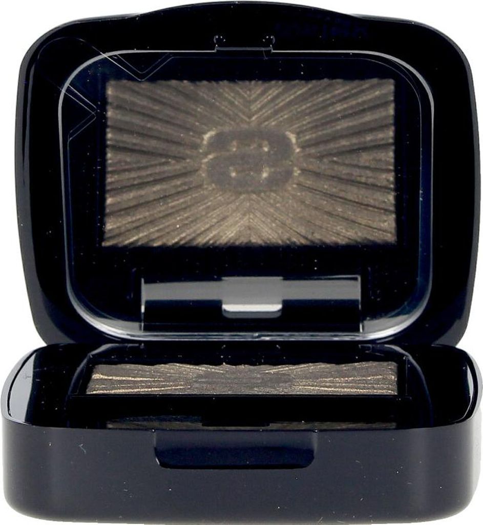 An open compact of eyeshadow with a metallic khaki shade.