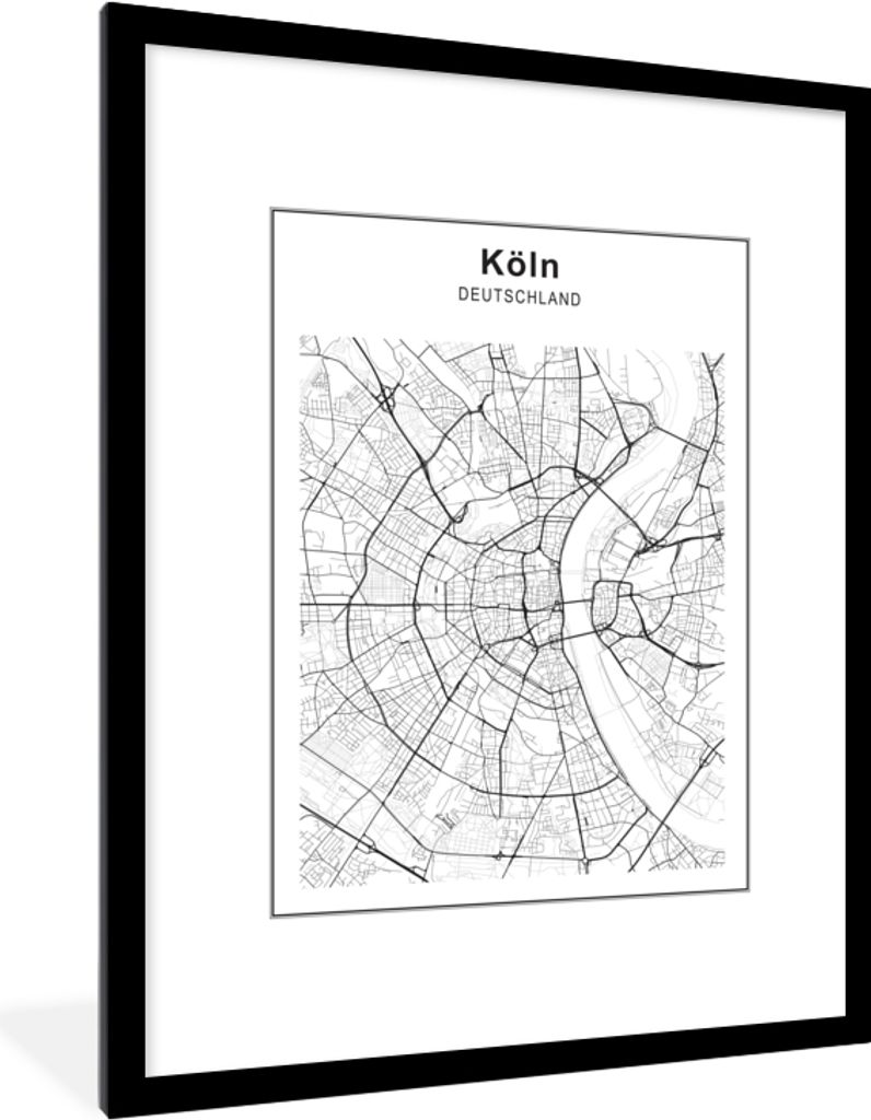 MuchoWow Gerahmtes Poster Stadtplan - Köln - Schwarz und weiß 60x80 cm - Poster mit Schwarzem Bilderrahmen Wandposter Rahmen Foto Bilder - Wohn...