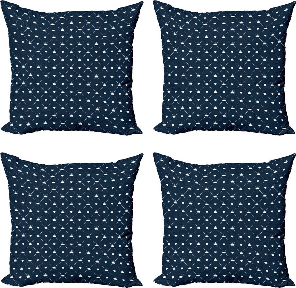 ABAKUHAUS Prinzessin Kissenbezug Set (4 Stück), Dots Herzen Tiaras, Moderner Doppelseitiger Digitaldruck, 40 cm x 40 cm, Dunkelblau und Weiß