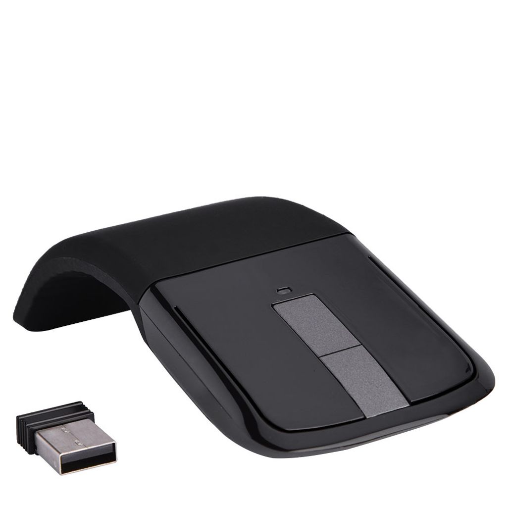 A black wireless arc touch mouse and its USB receiver are shown against a white background.