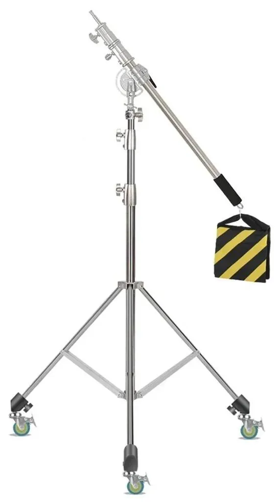 Trépied photo en acier inox durable avec bras rotatif et roulettes