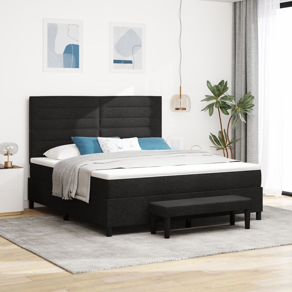 Möbel Boxspringbett mit Matratze & Bank Schwarz 180x200 cm Stoff - Klassische Betten 3344011