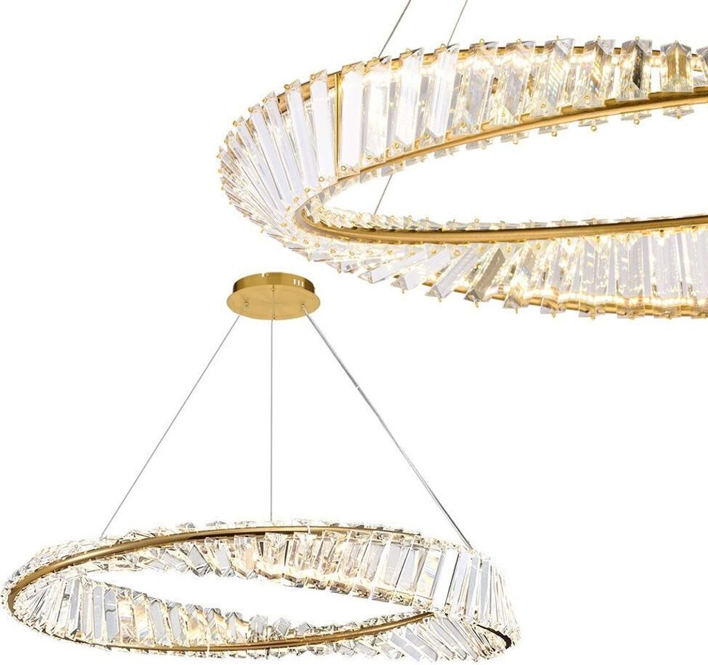 Two golden ring-shaped chandeliers with clear crystal accents are shown against a white background.