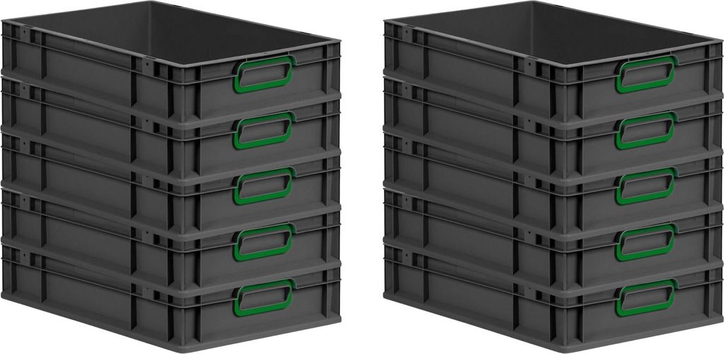 SparSet 10x Eurobox NextGen Color | HxBxT 12x40x60cm | 23 Liter | Griffe grün geschlossen | Schwarz | Eurobehälter, Transportbox, Transportbehäl...