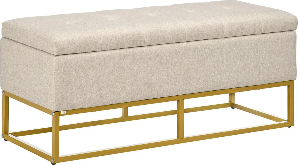 Bout de lit coffre beige 110 cm pour chambre, banc de rangement capitonné