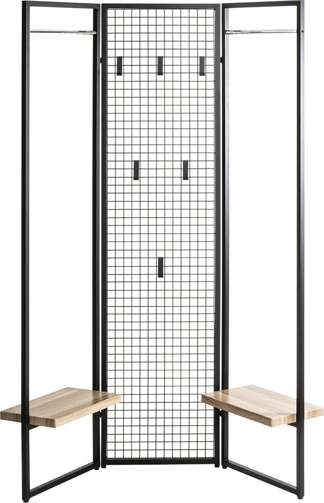 Garderobe >55599< Paravant / Raumteiler, schwarz, Metall, Eiche-MDF - 175x46cm (HxT)