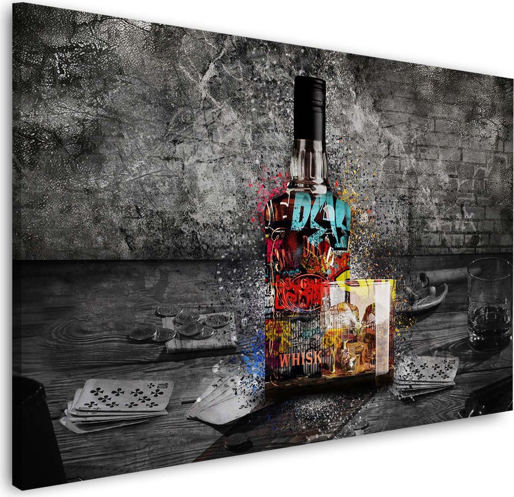 Graffiti Pop Art Whisky Poker und Casino Flair Wandbild Leinwandbild XL Wanddeko: 90x60x2cm