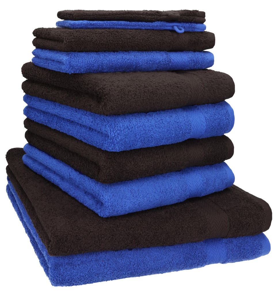 Betz 10-tlg. Handtuch-Set PREMIUM 2 Duschtücher 4 Handtücher 2 Gästetücher 2 Waschhandschuhe Farbe: royal blau & dunkel braun