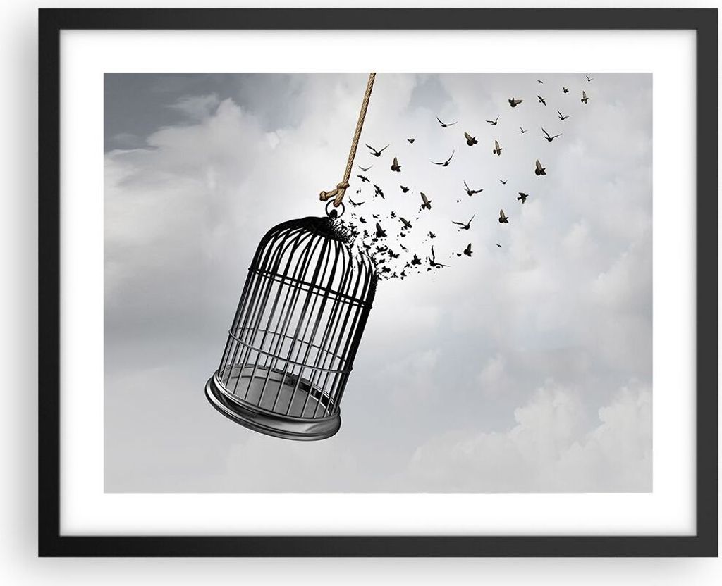 Gerahmtes Poster - Schwarzer Rahmen - Freiheit Käfig Vögel - 50x40 cm - Wand Bild - Wanddeko - Wandbilder - Kunstposter - Wandposter - Bilderrahm...