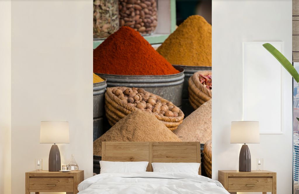 MuchoWow Fototapete für Wohnzimmer oder Schlafzimmer Wandtapete Vinyl Motivtapete Kräuter - Ton - Gewürze - Gelb - Braun - 120x240 cm - Hinter...