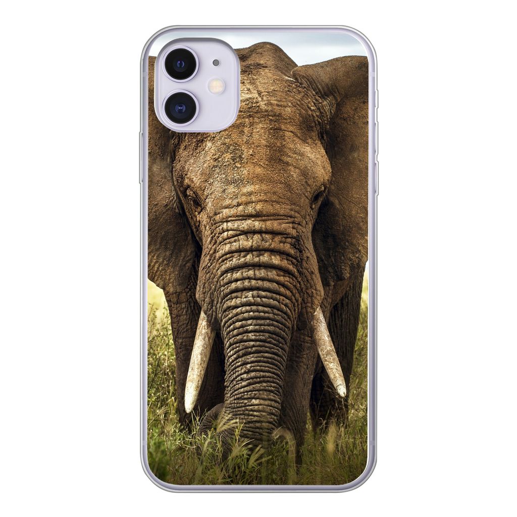 MuchoWow Handyhülle Schutzhülle Hülle für iPhone 11 Elefant - Gras - Tiere - Natur Silikon Softcase Handy Hülle - Handytasche