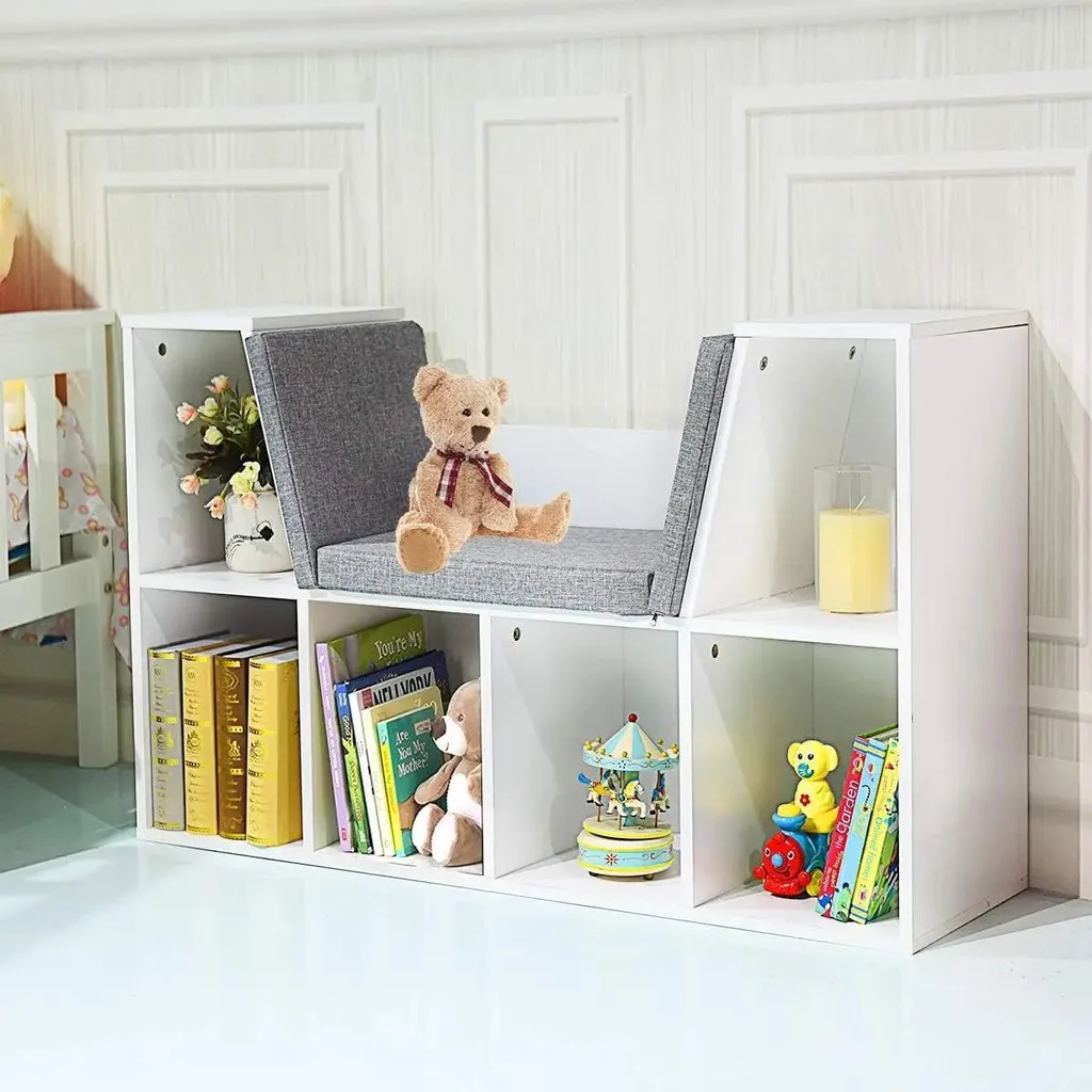Bibliothèque bois blanc avec coussins de lecture confort - 6 compartiments - 3