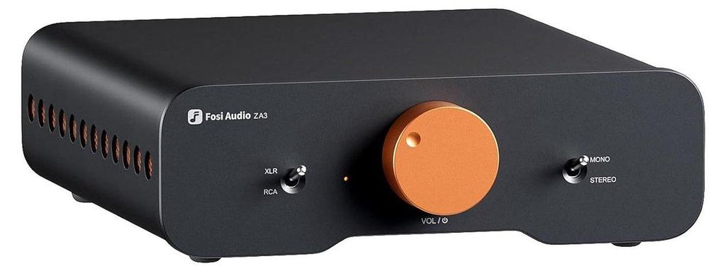A black Fosi Audio ZA3 amplifier with an orange volume knob.