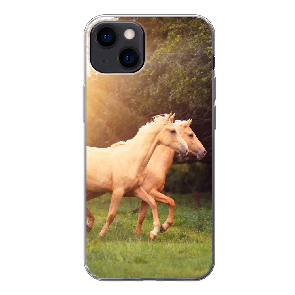 MuchoWow Handyhülle Schutzhülle Hülle für iPhone 13 Pferde - Wald - Sonne Silikon Softcase Handy Hülle - Karteninhaber