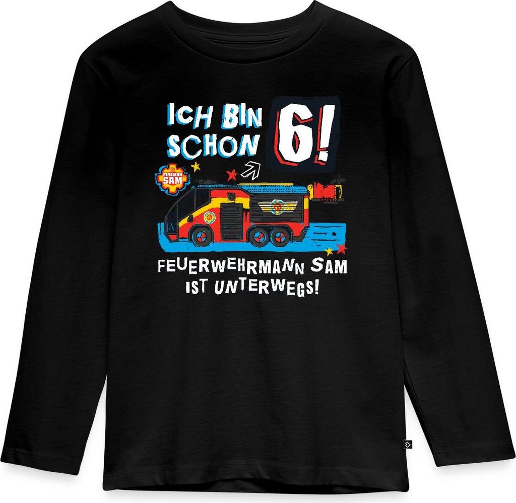 Spreadshirt Feuerwehrmann Sam Geburtstagsdesign 6 Jahre Kinder Premium Langarmshirt, 98/104 (2 Jahre), Schwarz