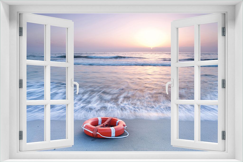 Wallario selbstklebendes Poster mit Fenster-Illusion - Rettungsring am Strand bei Sonnenuntergang, Größe: 61 x 91,50 cm