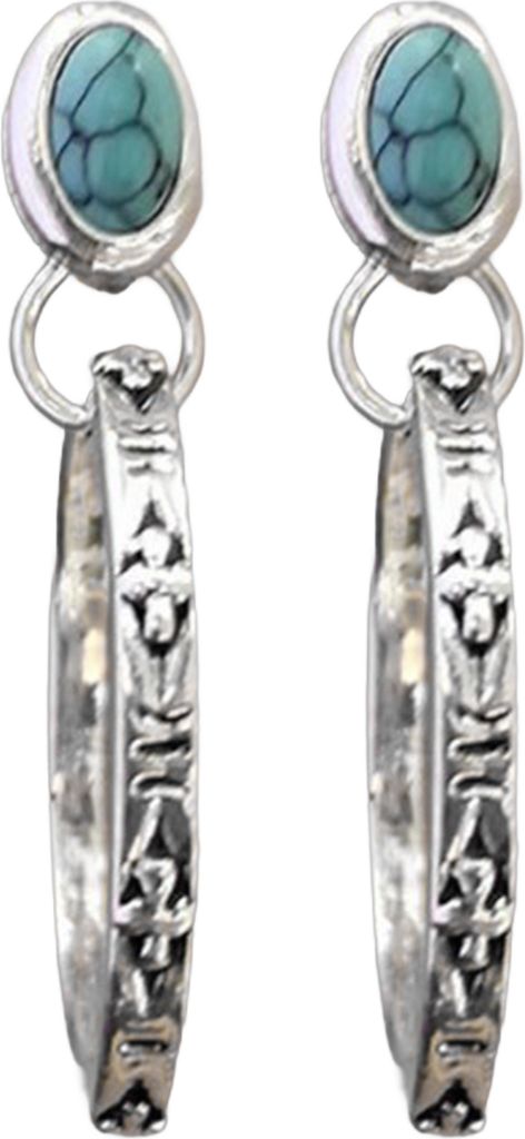 Paar Damen-Ohrringe im Bohemian-Stil, Kunsttürkis, Vintage-Stil, Schmuck, Kunstachat, graviert, runde Form, Creolen, Abschlussball, Reise, baumeln...