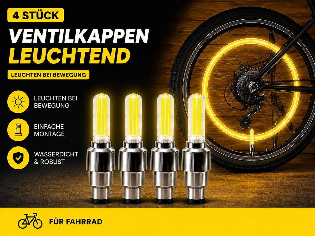 4x LED Ventilkappen Gelb für Fahrrad – Leuchtende Produktbild  KI-generiertes Bild