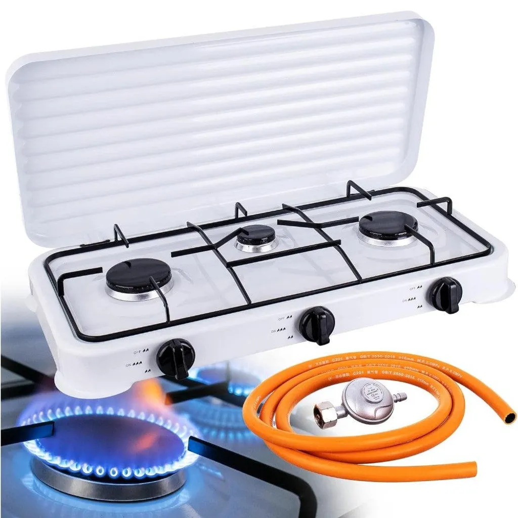 Réchaud de camping 3 brûleurs avec capot de protection, format 57cm
