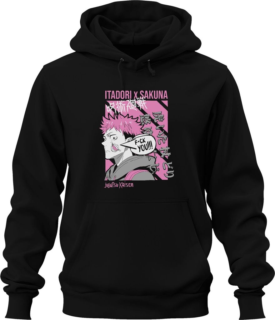 FUCK YOU Jujutsu Kaisen Itadori Yuji Sakuna Anime Ästhetik Pink Uni Hoodie Kapuzenpullover, Schwarz, L