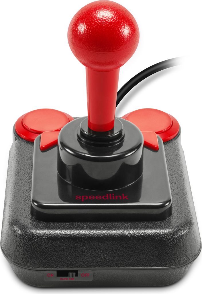 A product shot of a red and black joystick.