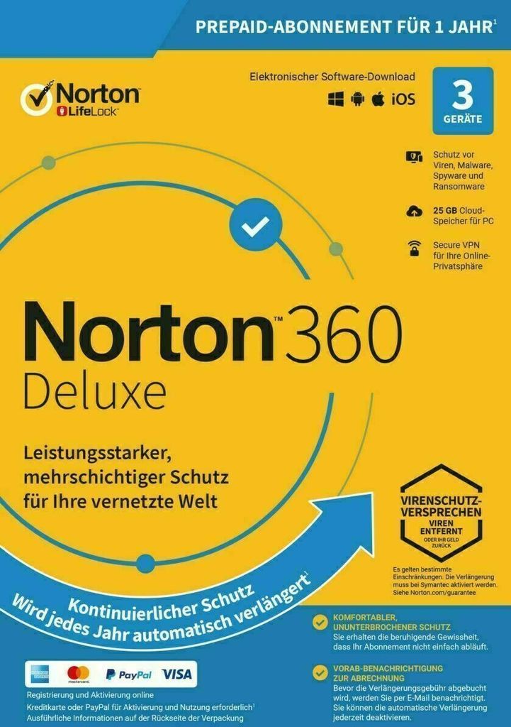 Norton 360 Deluxe /3 Geräte /1 Jahr /25GB Cloud ABO (Lizenz per E-Mail)