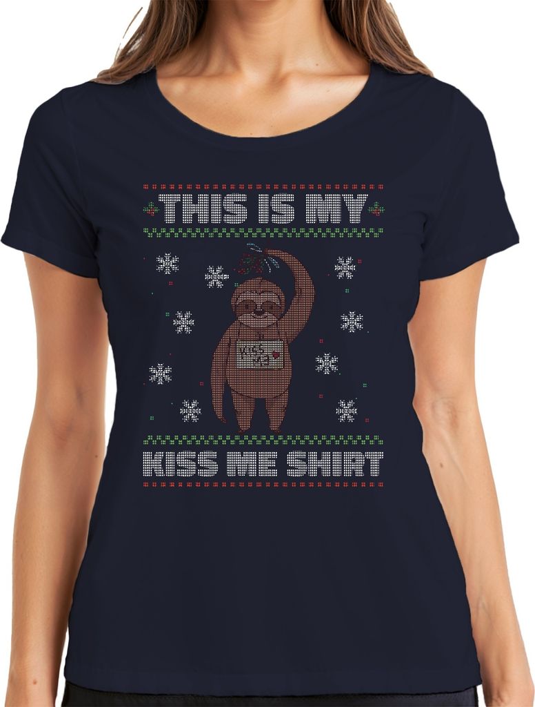 Faultier Mistelzweig Kuss Shirt - Ugly Christmas Sweater Weihnachten Damen T-Shirt, Navy, L
