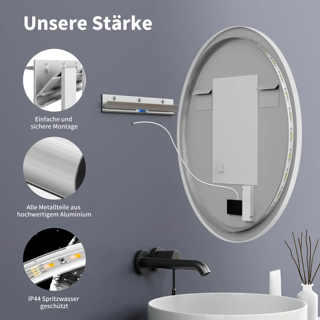 Specchio Bagno 60 cm LED Antiappannamento HOKO Cornice e Doppio Switch - 8