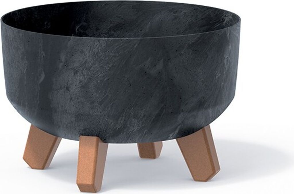 A dark grey planter with a textured finish sits on three brown legs against a white background.
