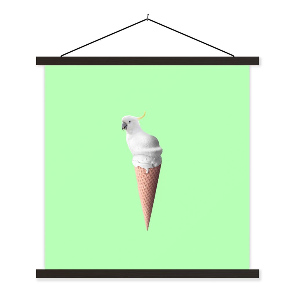 MuchoWow Textilposter Papagei - Eistüten - Eiscreme - Weiß - Grün 120x120 cm mit schwarzem Rahmen - Aufhängungsset