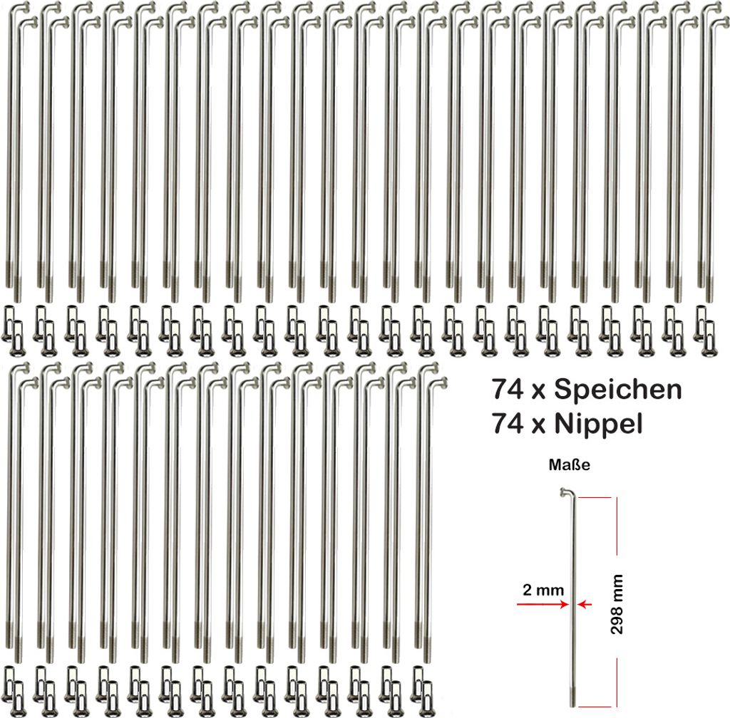 74 Stück Speichen 298mm Spokes silber NIROSTA 2mm inkl. Messing Speichennippel