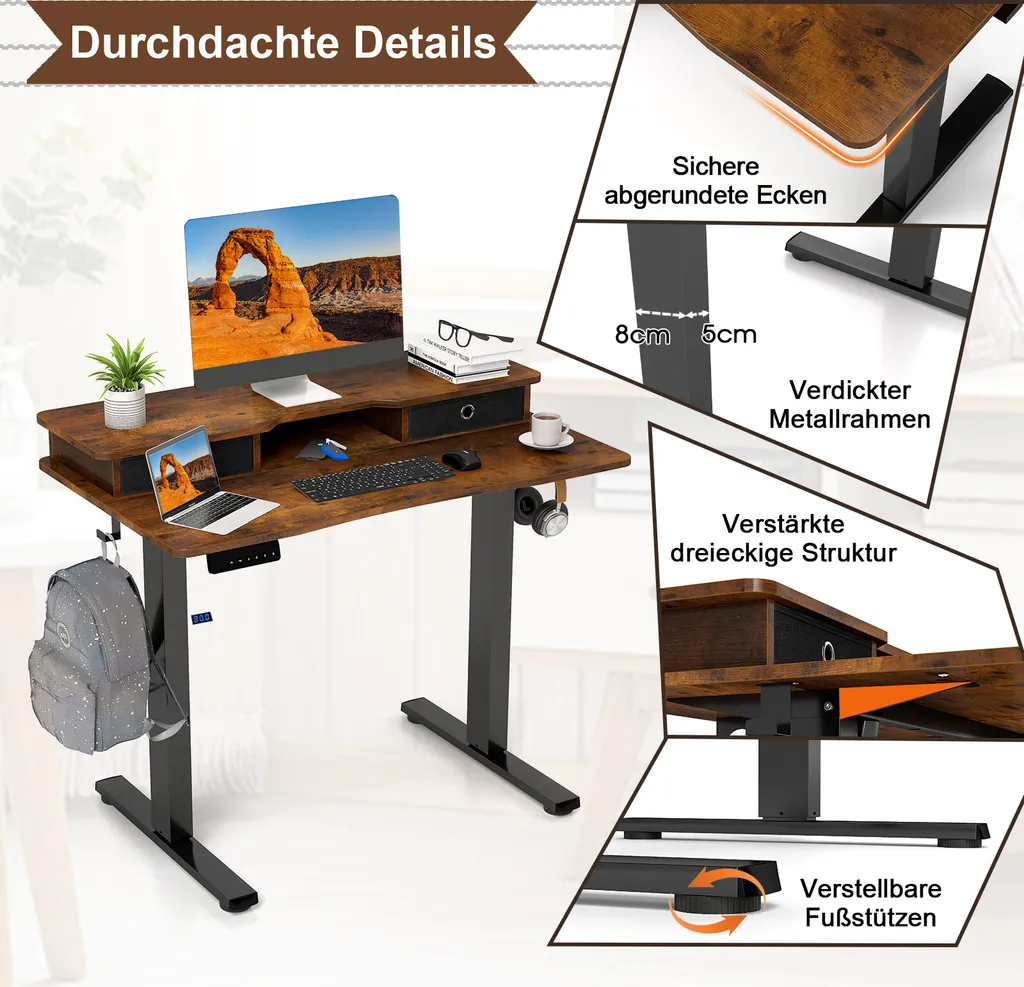 Table d'ordinateur électrique réglable avec support écran et deux tiroirs - 8