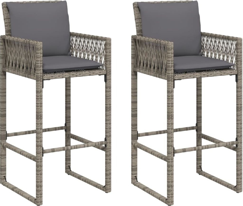 vidaXL Garten-Barhocker mit Kissen 2 Stk. Grau Poly Rattan Produktbild 