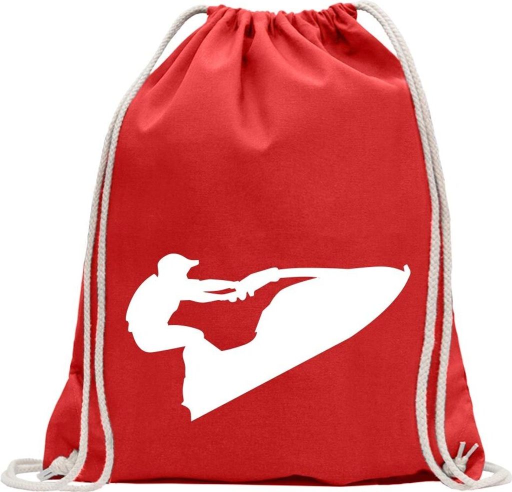 Kiwistar - Turnbeutel - rot - Jet-Ski Jetboot Fahrer Figur - Fun Rucksack Sport Beutel Gymsack Baumwolle mit Ziehgurt