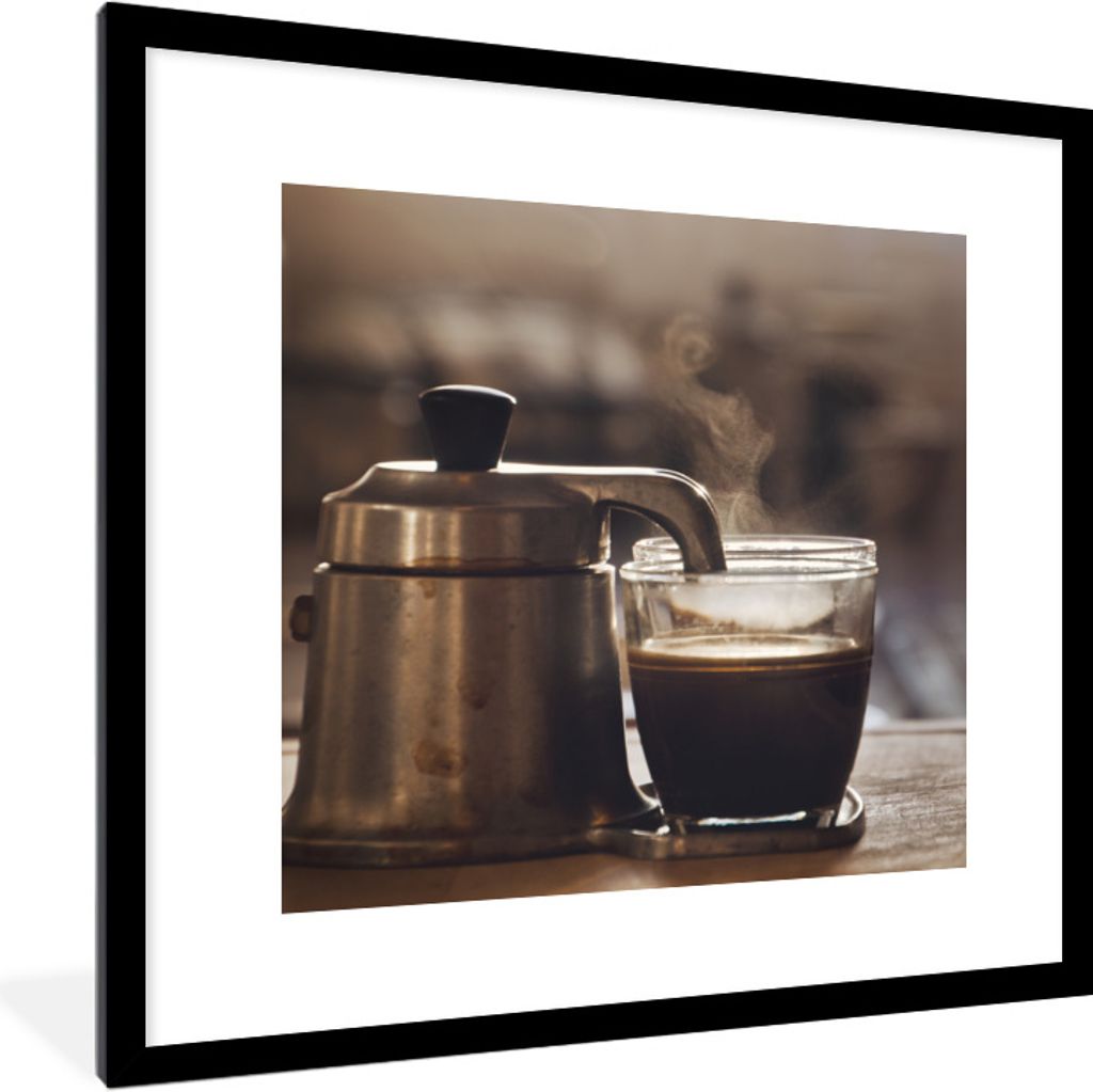 MuchoWow Gerahmtes Poster Eine kleine Kaffeekanne mit zwei Tassen Kaffee 40x40 cm - Poster mit Schwarzem Bilderrahmen Wandposter Rahmen Foto Bild...