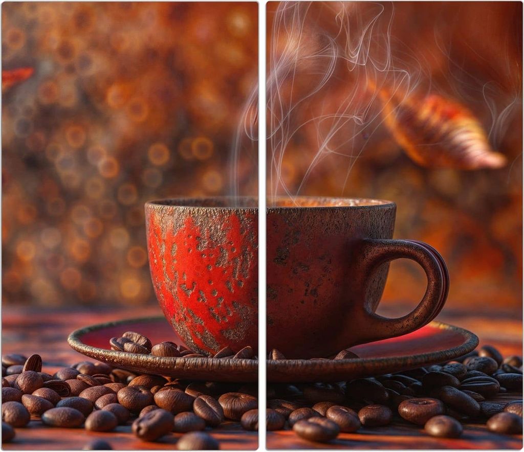 Spritzschutz Herdabdeckplatte Schneidebrett aus Glas Kaffeetasse im Herbst 2-Teilig (60x52cm)