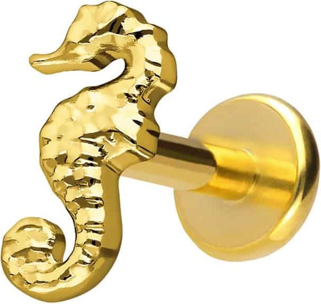 Ohrpiercing, Nasenpiercing Titan Labret mit Push Fit SEEPFERDCHEN Gold Stablänge: 7mm | Stabstärke: 1,2mm