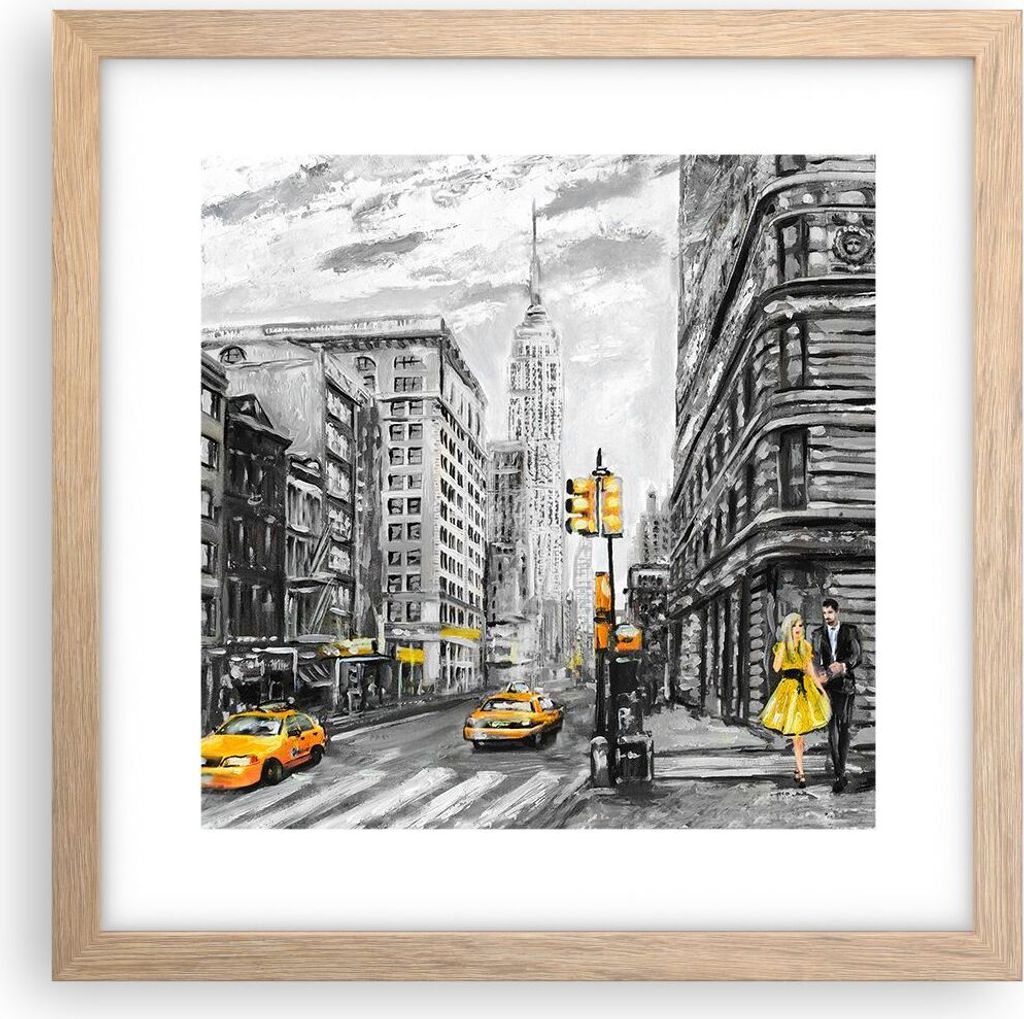 Gerahmtes Poster - Rahmen in heller Eiche - Stadt Taxi Wolkenkratzer Illustration - 30x30 cm - Wand Bild - Wanddeko - Wandbilder - Wandposter - Bil...