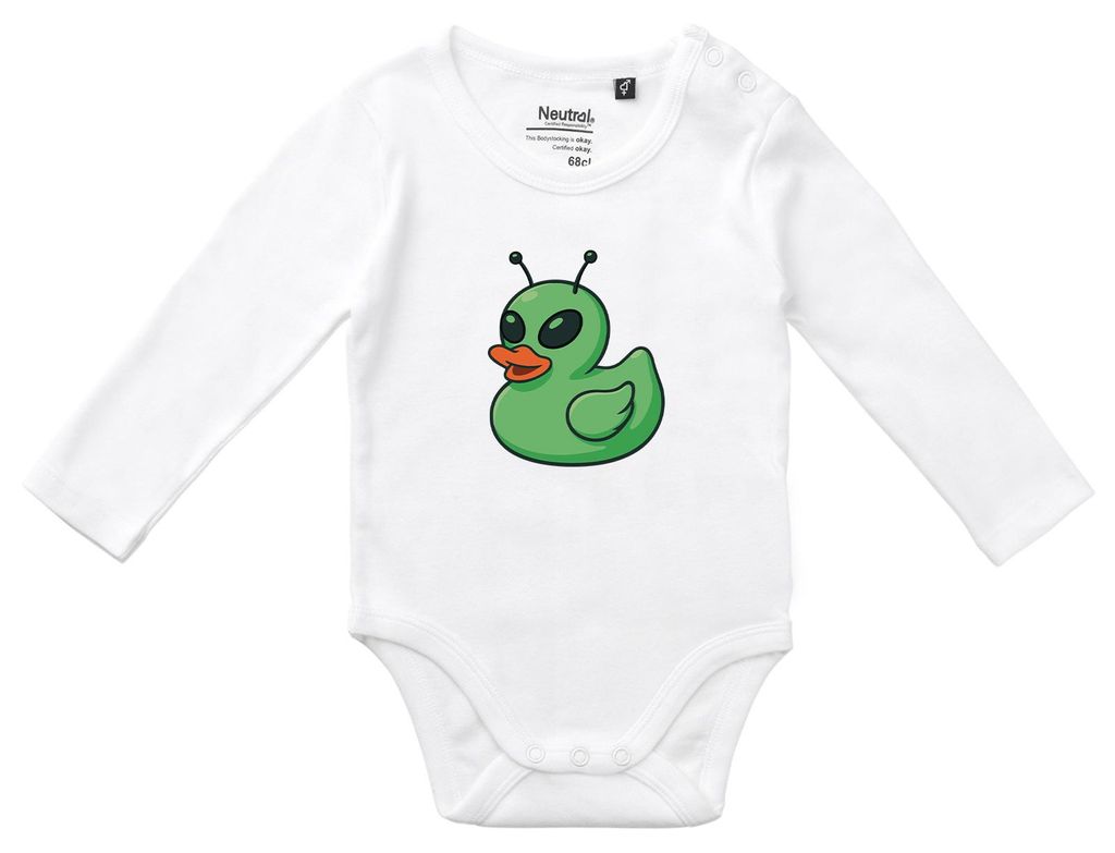 Huuraa Baby Body Quietscheente Alien Gummiente Ufo 80 White Baumwolle Fairtrade Langarmbody Geschenkidee