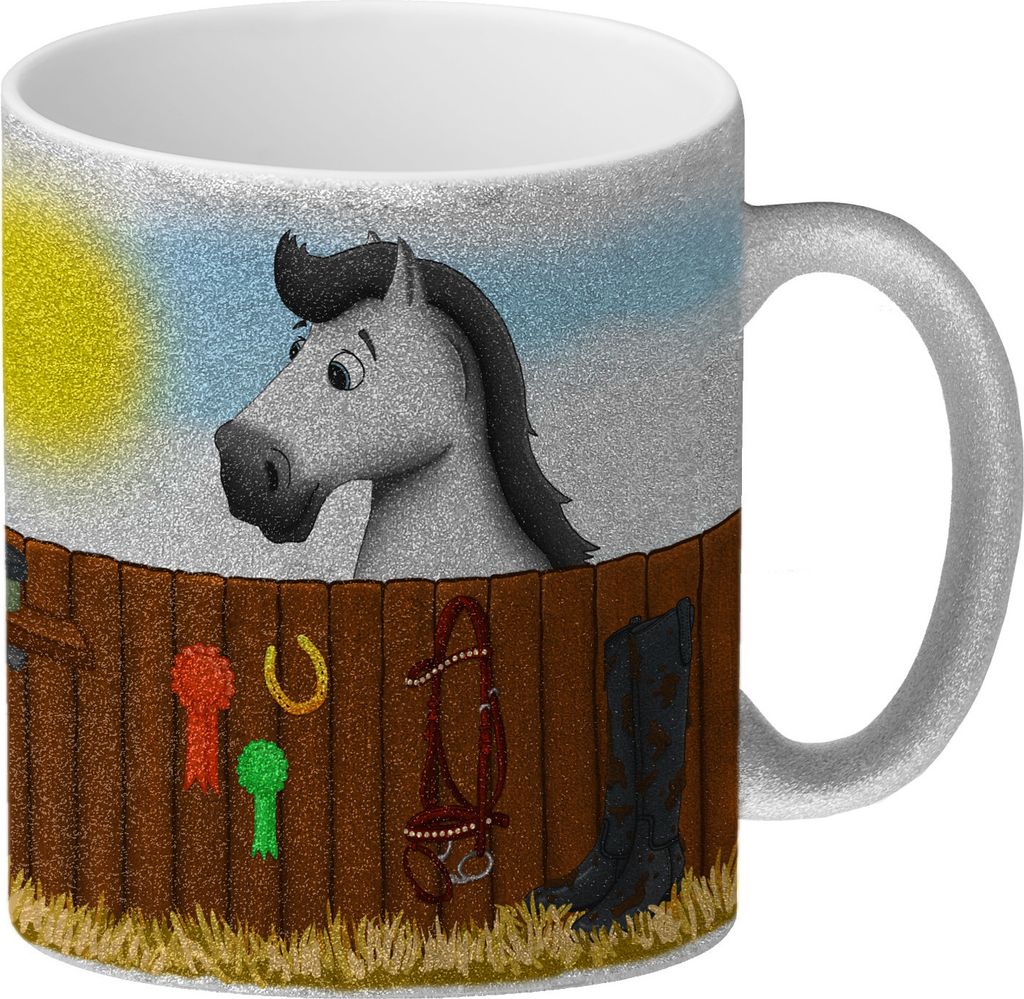 Glitzer-Glitzer-Kaffeebecher mit weißes Pferd Motiv