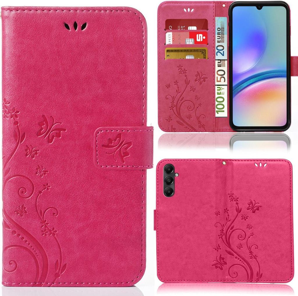 Handy Tasche für Samsung Galaxy A05s Schutz Hülle Handyhülle mit Blumenmuster Klapp Hülle mit Standfunktion und Kartenfächer Pink