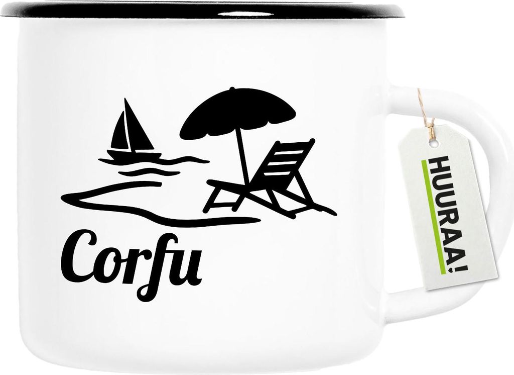 Huuraa Emaille Tasse Corfu Griechenland 300ml Vintage Campingbecher Geschenkidee