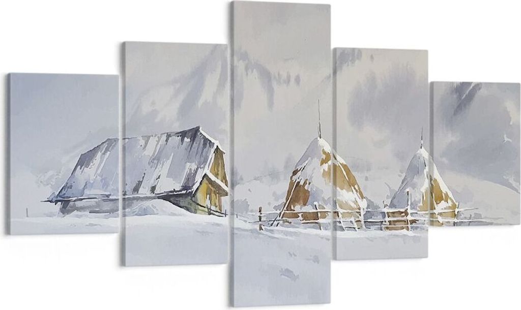 Bild auf Leinwand - Leinwandbild - 5 Teile - Haus Berge Schnee - 125x70cm - Wand Bild - Wanddeko - Wandbilder - Leinwanddruck - Bilder - Wanddekora...