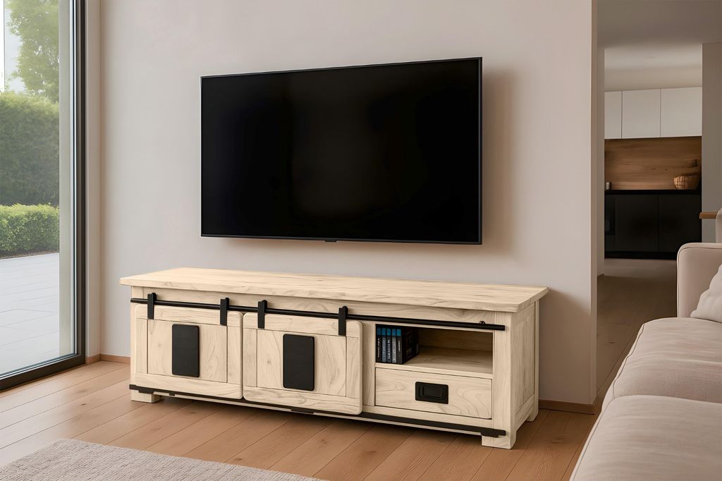 Lowboard Kommode TV-Board mit Schiebetüren, Schubfach & 3 Fächern Akazie massiv eiche 160 x 45 x 50 cm LIBRO