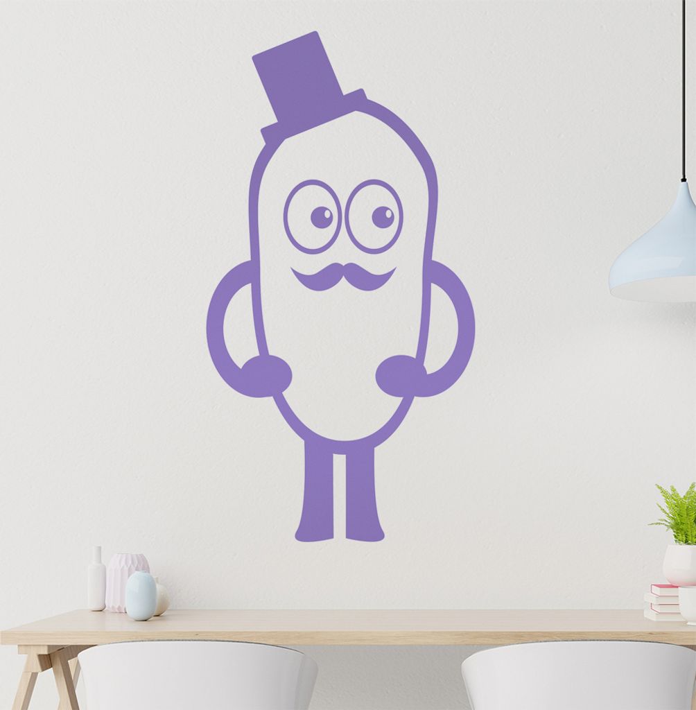 Bohne mit Hut und Schnurbart Wandtattoo in 6 Größen - Wandaufkleber Wall Sticker - Dekoration, Küche, Wohnzimmer, Schlafzimmer, Badezimmer