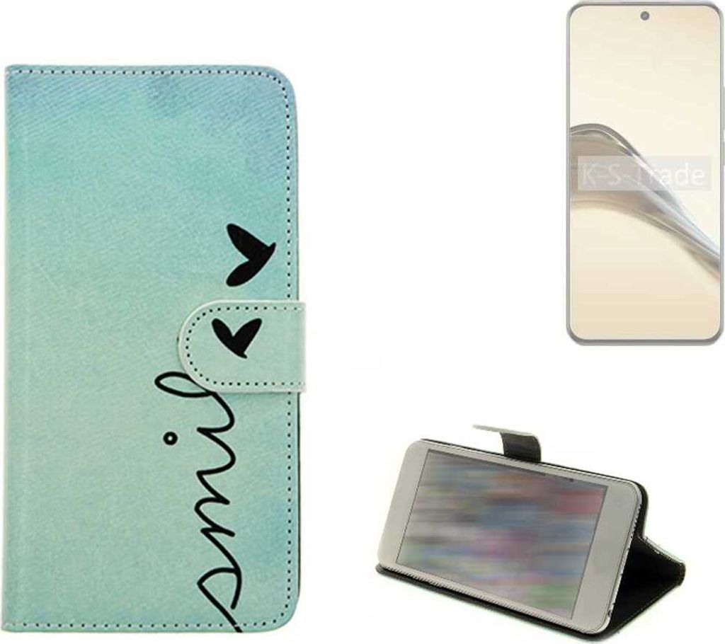 K-S-Trade Schutz Hülle Handy Hülle kompatibel mit Realme 13 Pro 5G Hülle Handyhülle cover bookstyle Etui Handyhülle “smile“ türkis