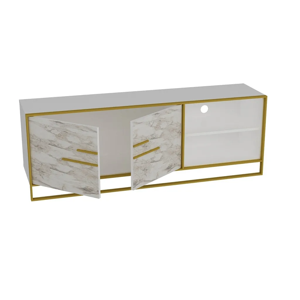Meuble TV Skye Decor Polka Blanc et Or - Support Télévision 160cm Chic