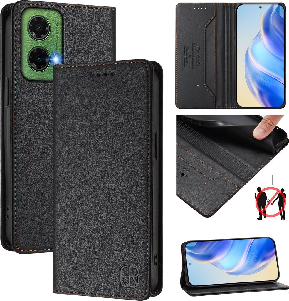 Lederhülle für Motorola Moto G35 Hülle Flip Brieftasche Kartenfächern Ständer Schutzhülle Schwarz