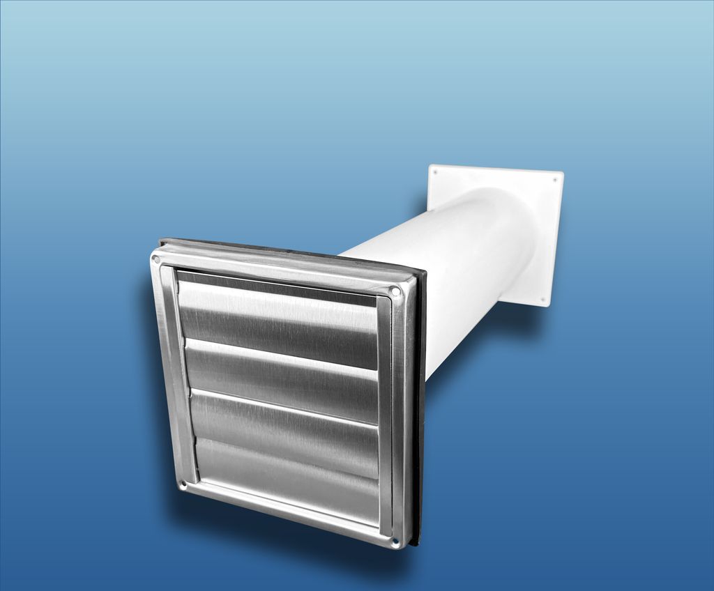 Abluft-Mauerkasten Edelstahl mit beweglichen Lamellen : Ø 150 mit Rundrohr System: Ø 150 Ausführung: mit Rundrohr